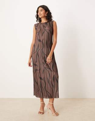 ASOS DESIGN - Ärmelloses Plissee-Midikleid in Braun mit geradem Schnitt und Wirbelmuster-Brown