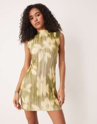 ASOS DESIGN - Ärmelloses Plissee-Minikleid in Grün mit Blumenmuster-Bunt