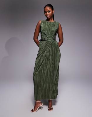 ASOS DESIGN - Ärmelloses, plissiertes Maxi-Wickelkleid in Khaki mit Bindeband vorne-Grün