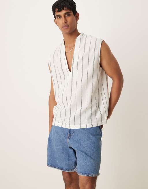 ASOS DESIGN – Ärmelloses Schlupfhemd in Weiß mit grünen Streifen und Struktur, 2 von 4
