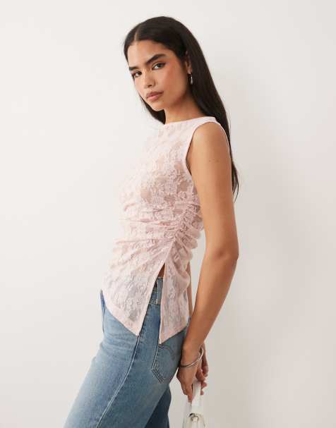 ASOS DESIGN – Ärmelloses Spitzen-Oberteil in blassem Rosa mit seitlicher Raffung und asymmetrischem Detail - view 1