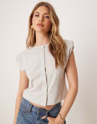 ASOS DESIGN - Ärmelloses Tanktop in Grau meliert mit Knopfleiste und Schulterpolstern