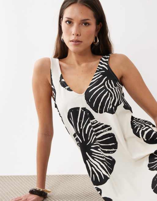 ASOS DESIGN – Ärmelloses Trapez-Maxikleid mit V-Ausschnitt und schwarz-weißem Blattmuster, 2 von 4