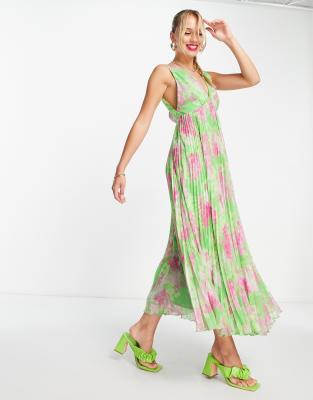 ASOS DESIGN - Ärmelloses, trapezförmiges Plissee-Maxikleid in Grün mit V-Ausschnitt und Blumenmuster-Bunt