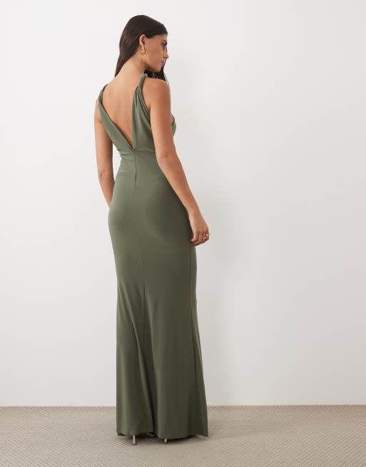 ASOS DESIGN ärmlös maxiklänning med draperad ringning och kantdetalj i khaki, 4 av 4