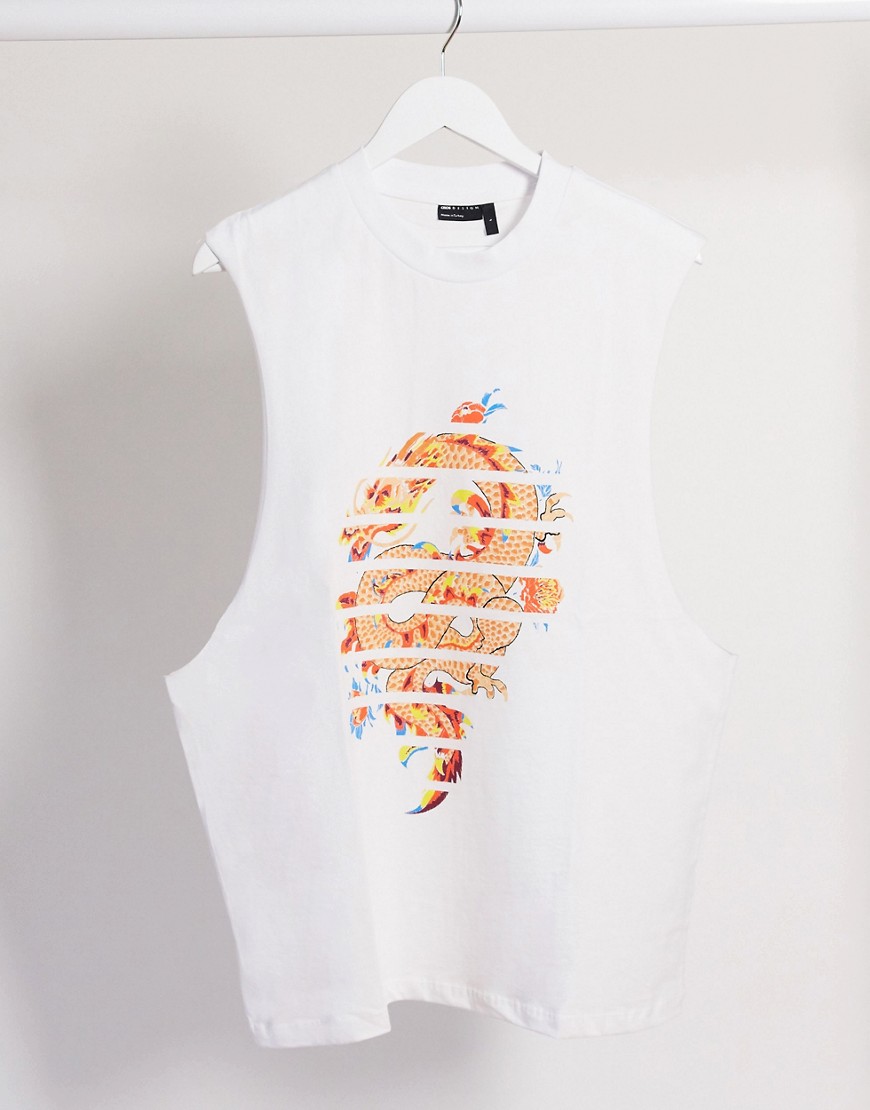 ASOS DESIGN – Ärmlös t-shirt i avslappnad modell med drakmönster-Vit