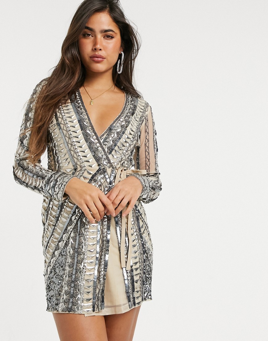 ASOS DESIGN armor embellished mini wrap dress in silver-Multi