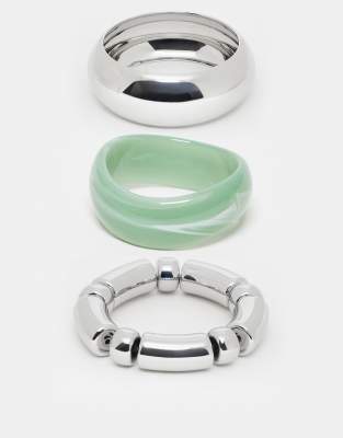 ASOS DESIGN - Armreife aus grünem Kunstharz und in Silber-Optik, 3er-Pack-Bunt