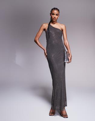 Asos Design Artwork Hotfix One Shoulder Maxi Dress With Open Back In Charcoal-gray