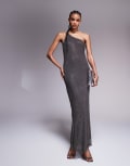 [ASOS DESIGN] ASOS DESIGN artwork hotfix one shoulder maxi dress with open back in charcoal-Grey 18 Charcoal