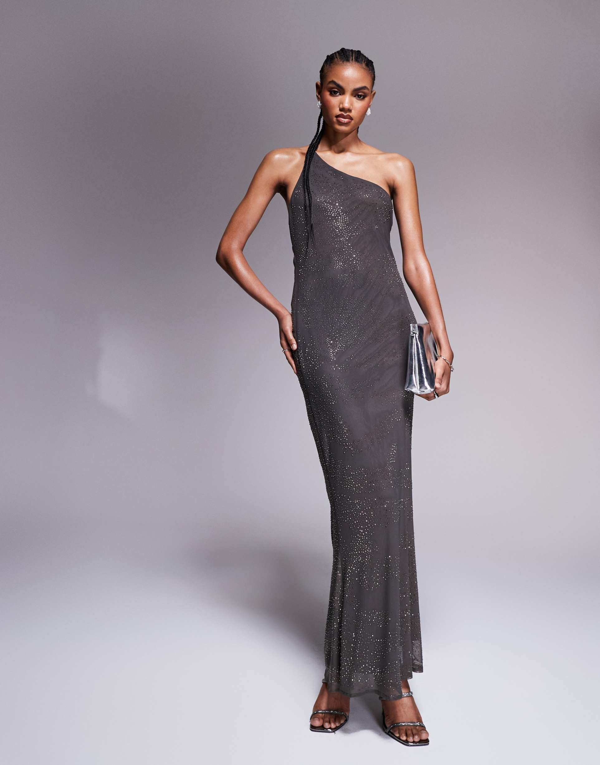 asos design artwork hotfix one shoulder maxi dress with open back in charcoal