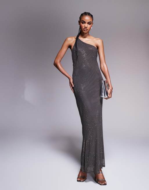 FhyzicsShops DESIGN artwork hotfix one shoulder maxi PEPE dress with open back in charcoal