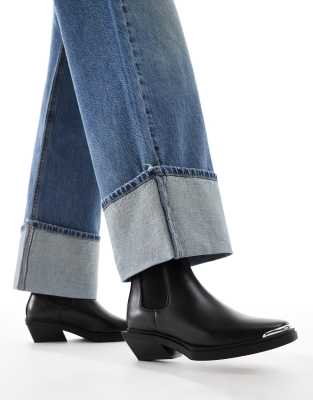 Aruba flat western boots with toe cap detail in black