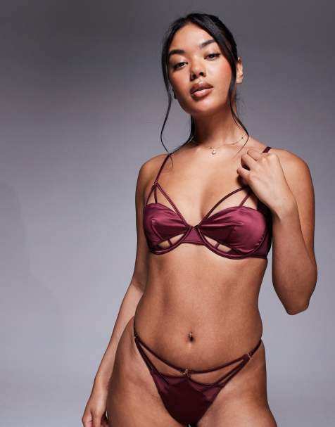 ASOS DESIGN - Ash - Completo intimo bordeaux in raso e rete con fascette - view 1