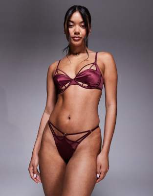 Asos Design Ash Satin & Mesh Strappy Tanga Thong In Brown