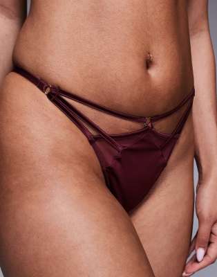 Asos Design Ash Satin & Mesh Strappy Tanga Thong In Brown
