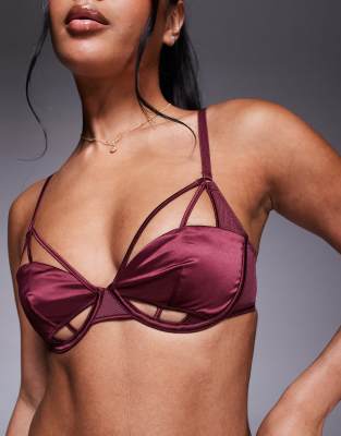 Asos Design Ash Satin & Mesh Strappy Underwire Bra In Red