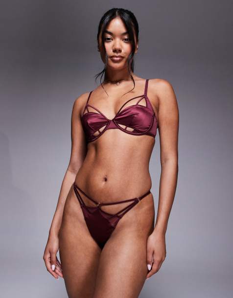 ASOS DESIGN - Ash - Tanga-string van satijn en mesh met bandjes in bordeauxrood - view 1