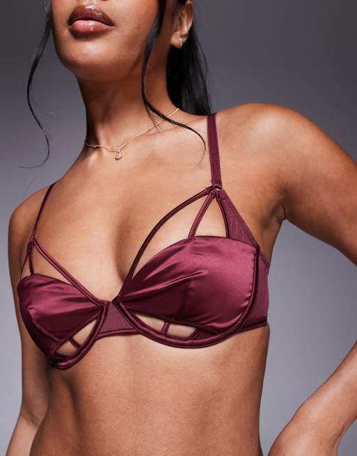 ASOS DESIGN – Ash – Vinröd bygelbehå i satin och mesh med smala band, 2 av 4