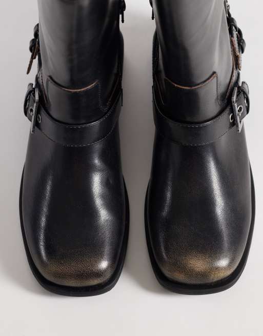 ASOS DESIGN Asher flat biker boots in black burnish, 4 of 4