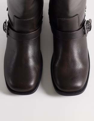 Asos Design Asher Flat Biker Boots In Brown