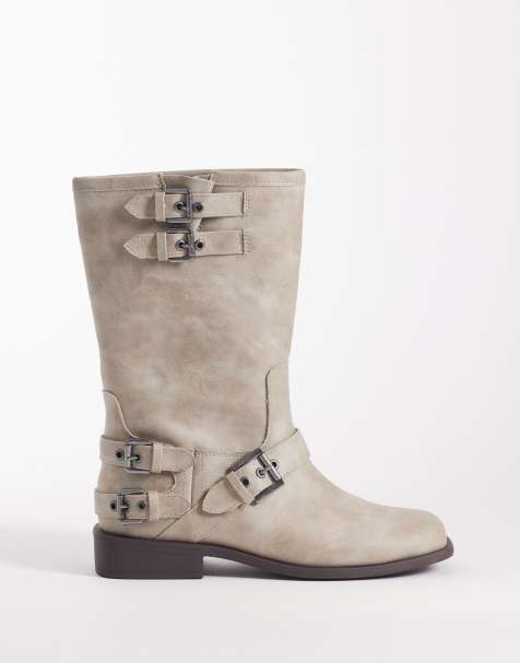 ASOS DESIGN Asher flat moto boots in vintage white - view 1