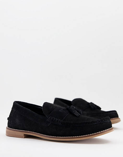 ASOS DESIGN ASOS DESIGN – Czarne zamszowe loafersy z frędzlami i podeszwą w kolorze naturalnym