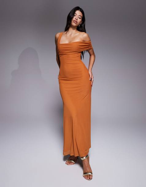 ASOS DESIGN ASOS DESIGN mesh one off shoulder midi dress in burnt yellow - view 1