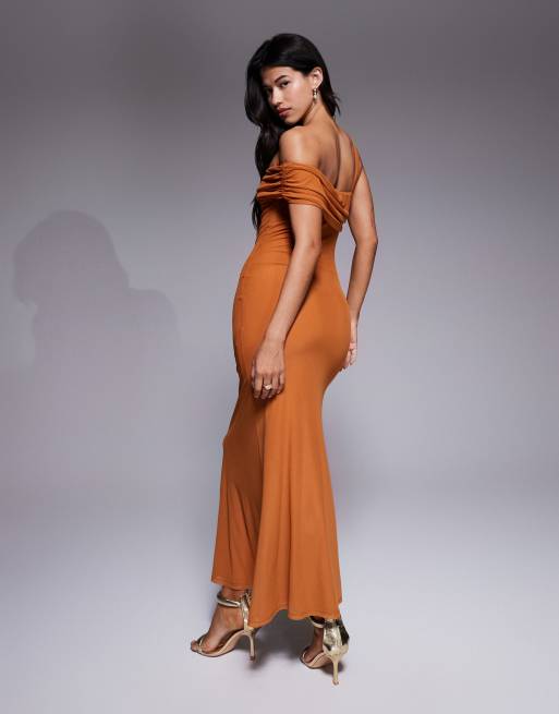 ASOS DESIGN mesh one shoulder midi dress in burnt yellow