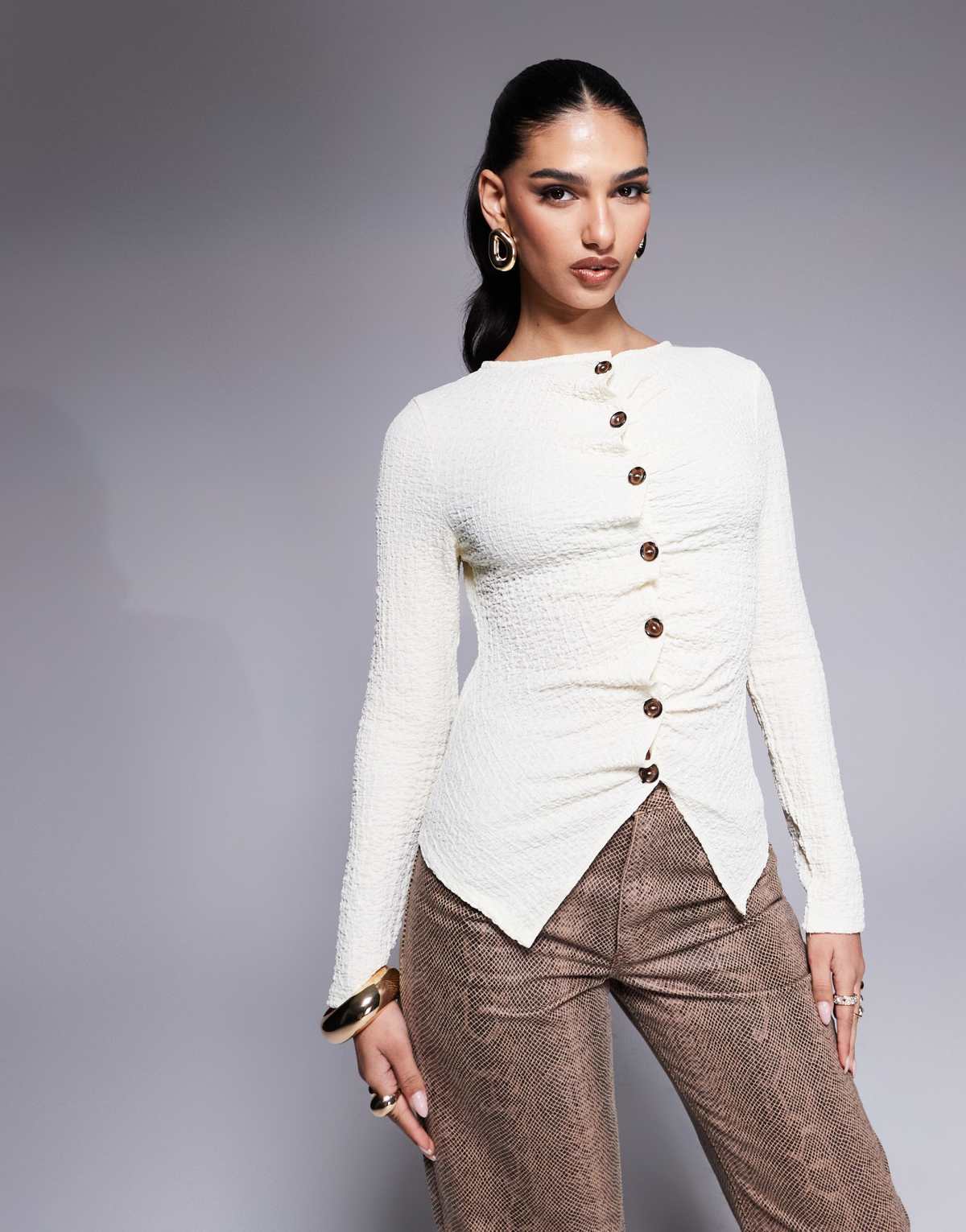 ASOS DESIGN ASOS DESIGN textured button through long sleeve t-shirt in cream