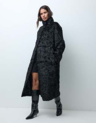 Asos Design Astrakhan Longline Faux Fur Coat In Black