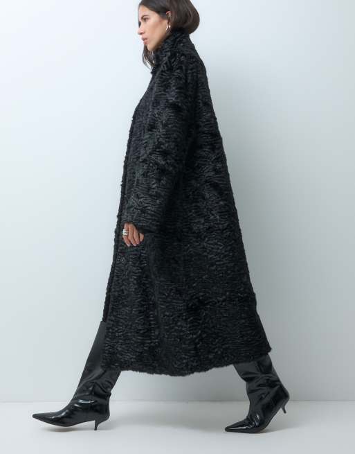 ASOS DESIGN astrakhan longline faux fur coat in black, 3 of 4