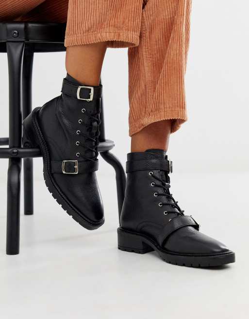 ASOS DESIGN - Astrid - Anfibi militari in pelle nera con suola spessa