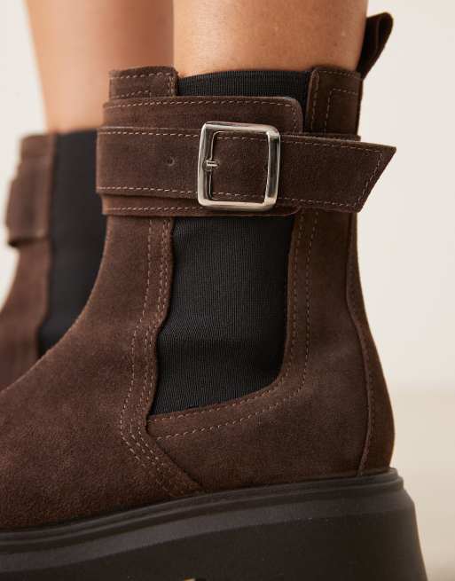 ASOS DESIGN Astrid chunky chelsea boots with buckles in real chocolate suede