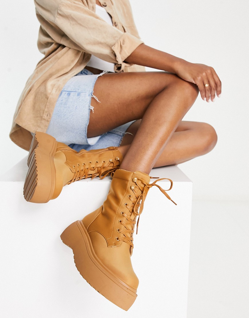 Asos Design Astrid Lace Up Boots In Camel-neutral