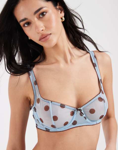 ASOS DESIGN - Astrid - Reggiseno in rete trasparente con ferretto blu a pois color cioccolato - view 1