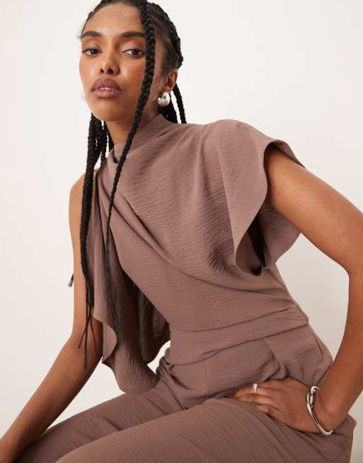 ASOS DESIGN asym drape neck jumpsuit in deep taupe, 2 of 4