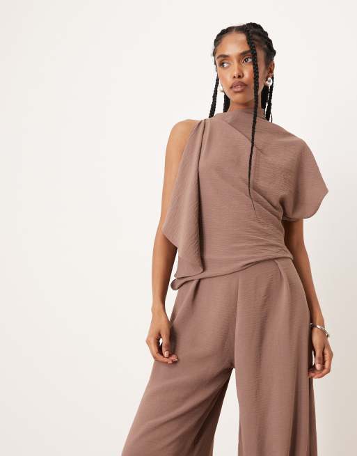 ASOS DESIGN asym drape neck jumpsuit in deep taupe, 4 of 4