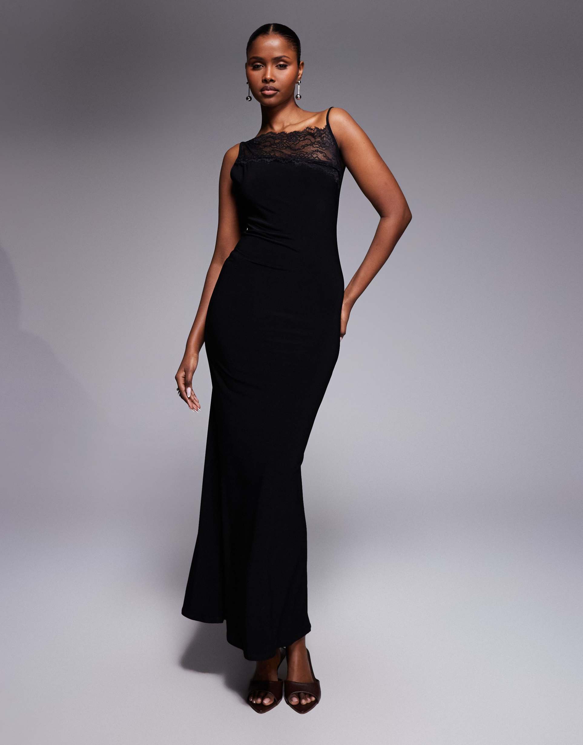 asos design asym lace neckline cami maxi dress in black