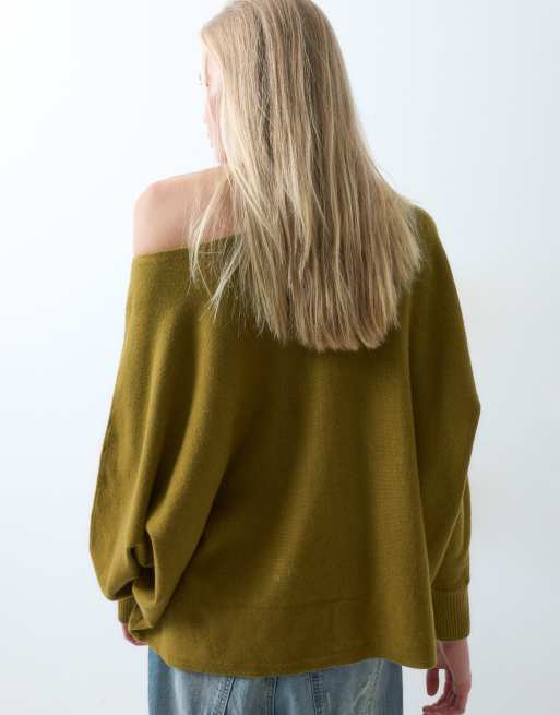 ASOS DESIGN asym slouchy off shoulder batwing sleeve jumper in olive, 3 of 5