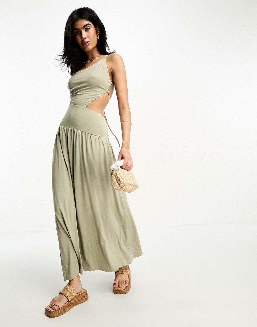 ASOS DESIGN asymetric strappy midi dress with cut out side in sage-Green