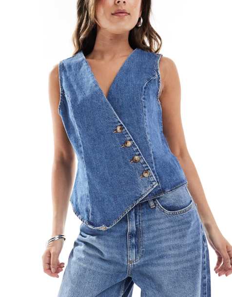 ASOS DESIGN denim asymmetric waistcoat co-ord in  light mid blue