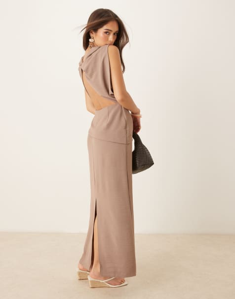 ASOS DESIGN asymmetric twist back midi dress in mocha