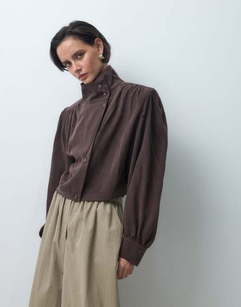 ASOS DESIGN asymetryczna kurtka zapinana na guziki z poduszkami na ramionach w czekoladowym brązie - view 1