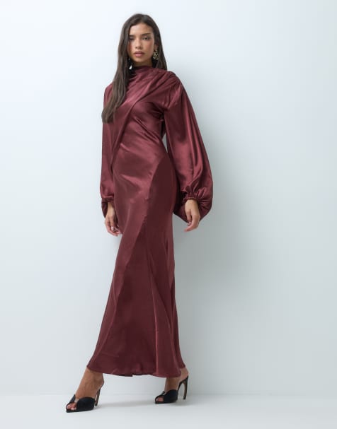 ASOS DESIGN asymetryczna satynowa sukienka maxi z bufiastym rękawem w kolorze burgundowym - view 1