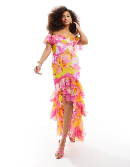 ASOS DESIGN – Asymetryczna sukienka maxi z dekoltem bardot w jaskrawe kwiaty, z surowym wykończeniem