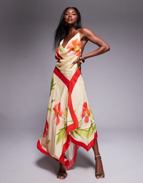 ASOS DESIGN deep cowl asymmetric open back maxi dress in scarf print