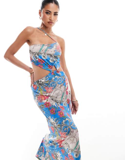 ASOS DESIGN – Asymetryczna sukienka maxi z wycięciem i metalową wstawką w pocztówkowy wzór