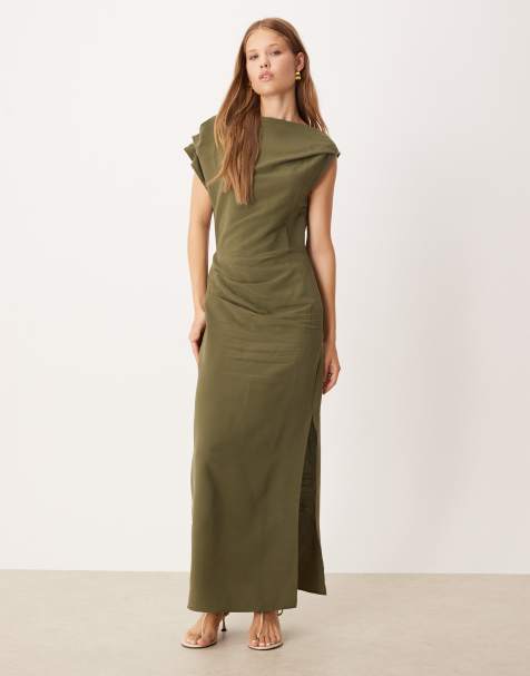 ASOS DESIGN – Asymetryczna sukienka midi w kolorze khaki z drapowanym przodem - view 1