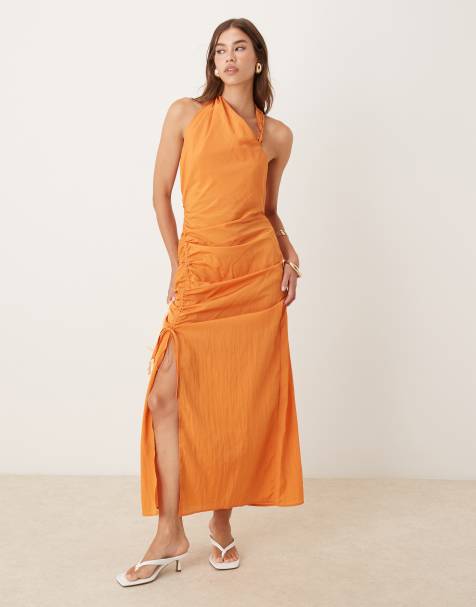 ASOS DESIGN – Asymetryczna sukienka midi w rdzawym kolorze z marszczeniem z boku - view 1
